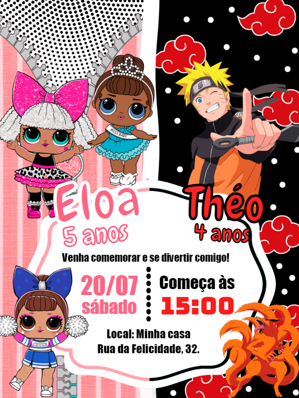 Convite Aniversário Duplo Lol Surprise e Naruto para Editar Convite Aniversário Duplo Lol Surprise e Naruto para Editar
