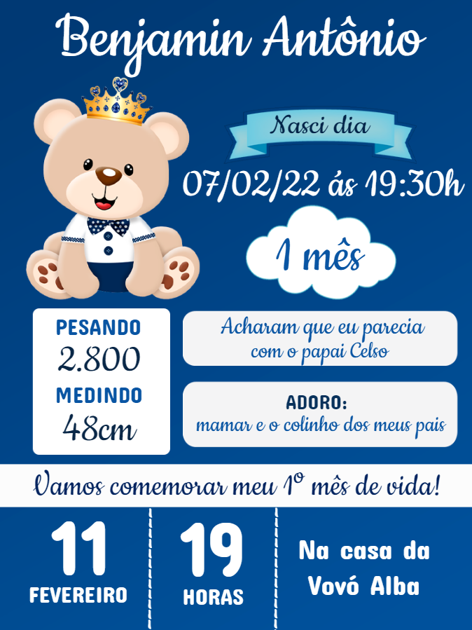 Convite Mêsversário Ursinho Príncipe Azul para Editar Online Convite Mêsversário Ursinho Príncipe Azul para Editar Online