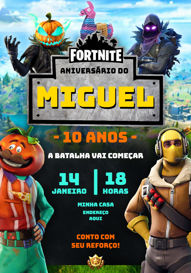 Convite Aniversário Fortnite com Personagens para Editar Online Convite Aniversário Fortnite com Personagens para Editar Online