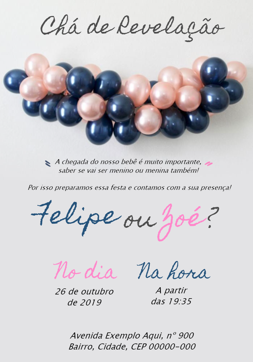 Convite Chá Revelação com Balões para Editar Online Convite Chá Revelação com Balões para Editar Online