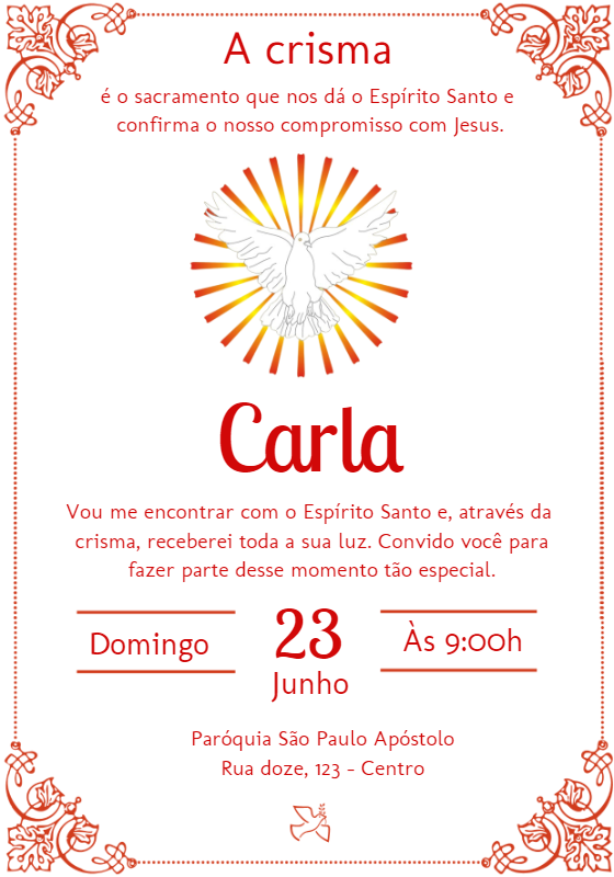 Convite de Crisma Espírito Santo para Editar Online Convite de Crisma Espírito Santo para Editar Online