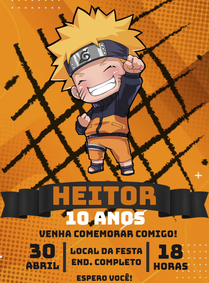 Convite Aniversário Naruto Chibi para Editar Online