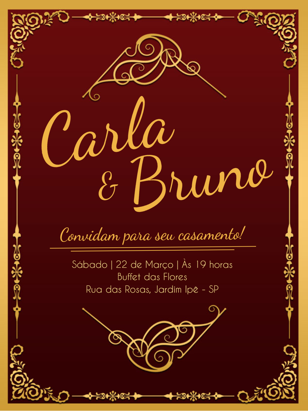 Convite de Casamento Arabescos Dourados para Editar Online