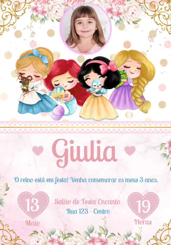 Convite Aniversário Princesas com Foto para Editar Online Convite Aniversário Princesas com Foto para Editar Online