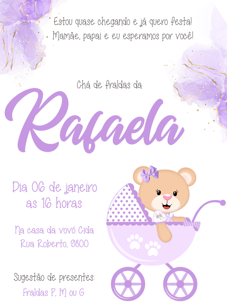 Convite Chá de Fraldas Ursinha Lilás para Editar Online Convite Chá de Fraldas Ursinha Lilás para Editar Online