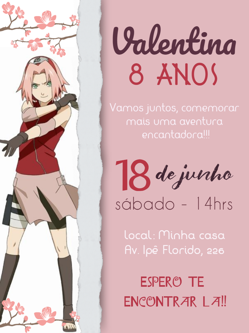 Convite de Aniversário Sakura Naruto para Editar Online Convite de Aniversário Sakura Naruto para Editar Online