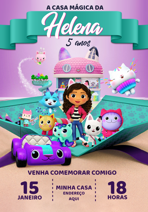 Convite Aniversário A Casa Mágica da Gabby para Editar Online Convite Aniversário A Casa Mágica da Gabby para Editar Online