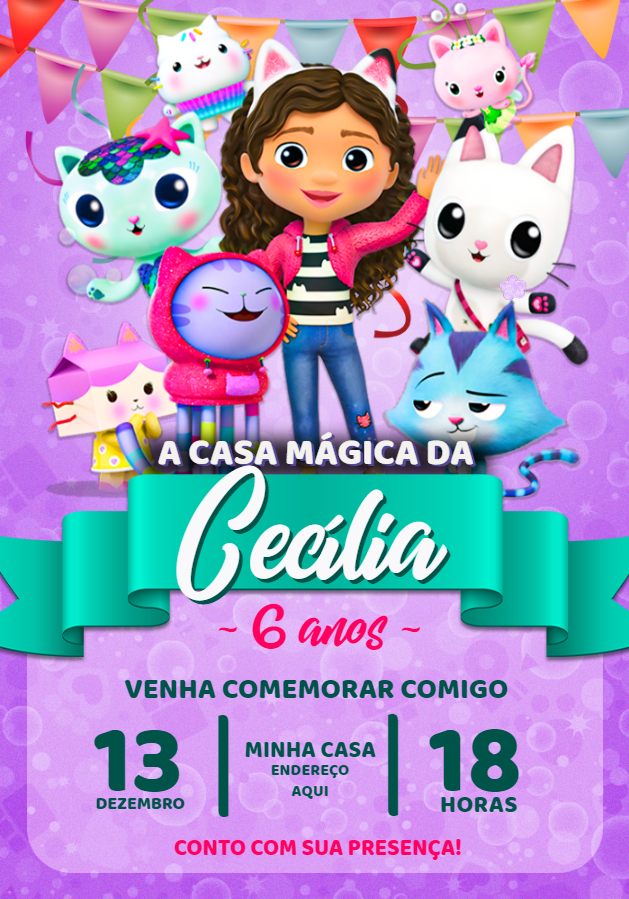 Convite de Aniversário A Casa Mágica da Gabby para Editar Convite de Aniversário A Casa Mágica da Gabby para Editar