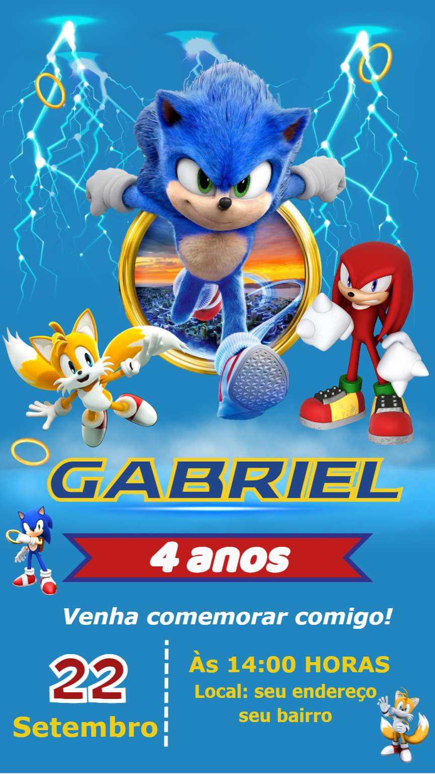 Convite de Aniversário Sonic o Filme para Editar Online