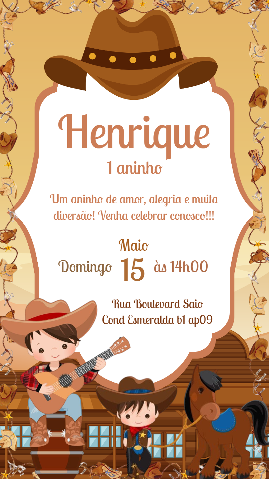 Convite de Aniversário Cowboy Infantil para Editar Online Convite de Aniversário Cowboy Infantil para Editar Online