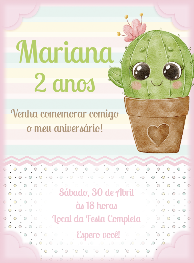 Convite de Aniversário Cactos Fofo para Editar e Imprimir Convite de Aniversário Cactos Fofo para Editar e Imprimir
