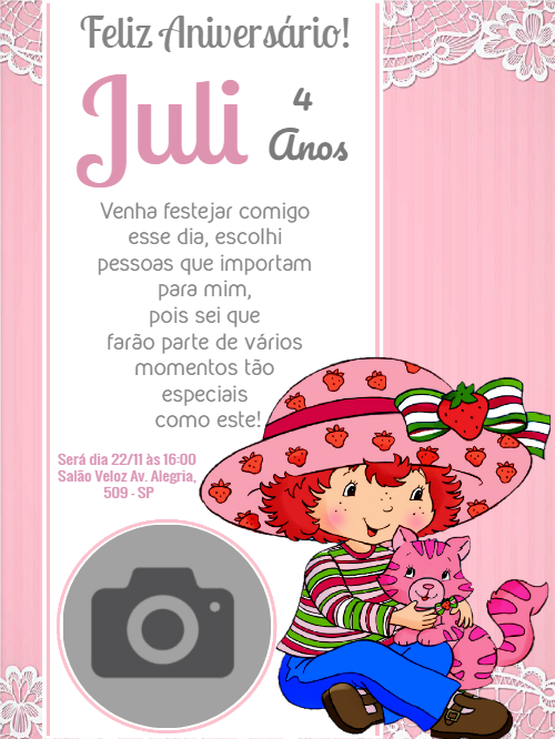 Convite Aniversário Moranguinho com Foto para Editar Online