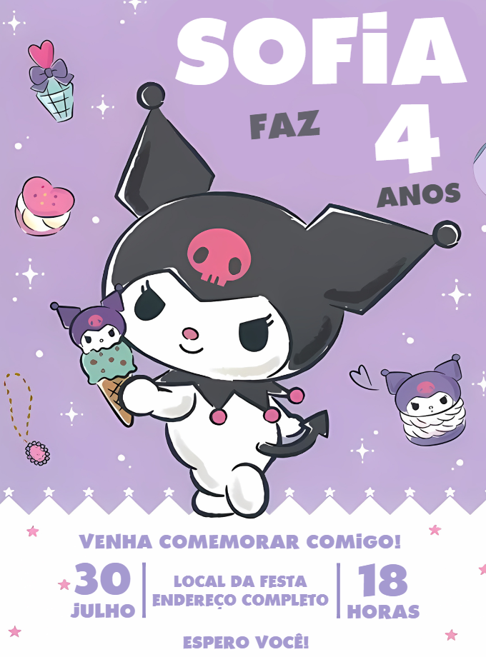 Convite de Aniversário Kuromi Editável Online para Imprimir Convite de Aniversário Kuromi Editável Online para Imprimir
