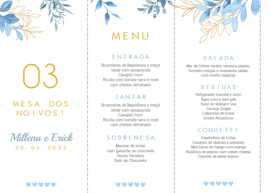 Menu de Casamento Azul e Dourado com Folhas para Editar Online Menu de Casamento Azul e Dourado com Folhas para Editar Online