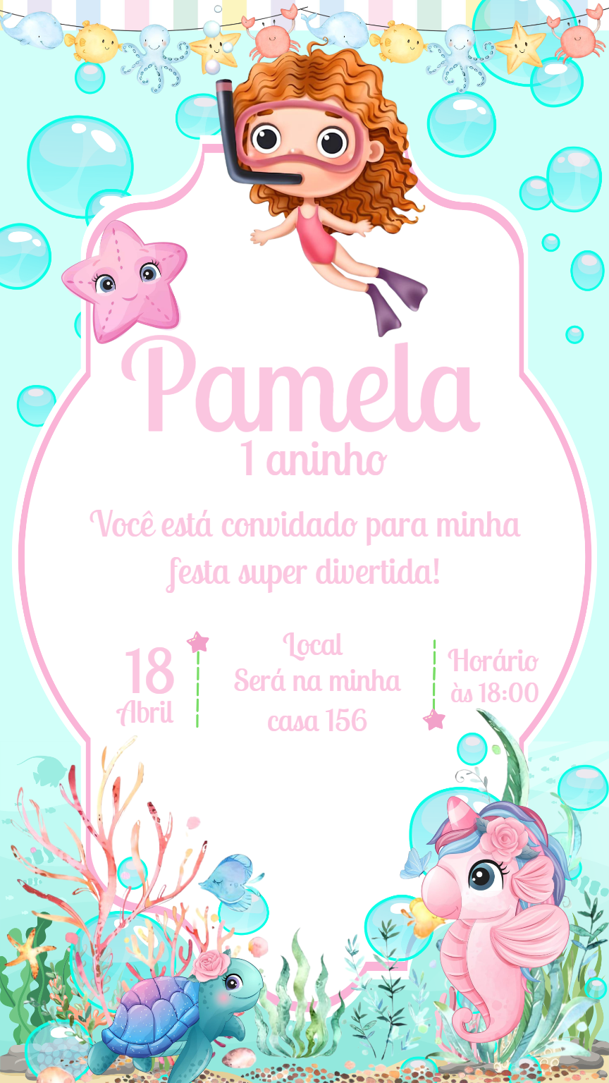 Convite Aniversário Fundo do Mar Menina para Editar Online Convite Aniversário Fundo do Mar Menina para Editar Online