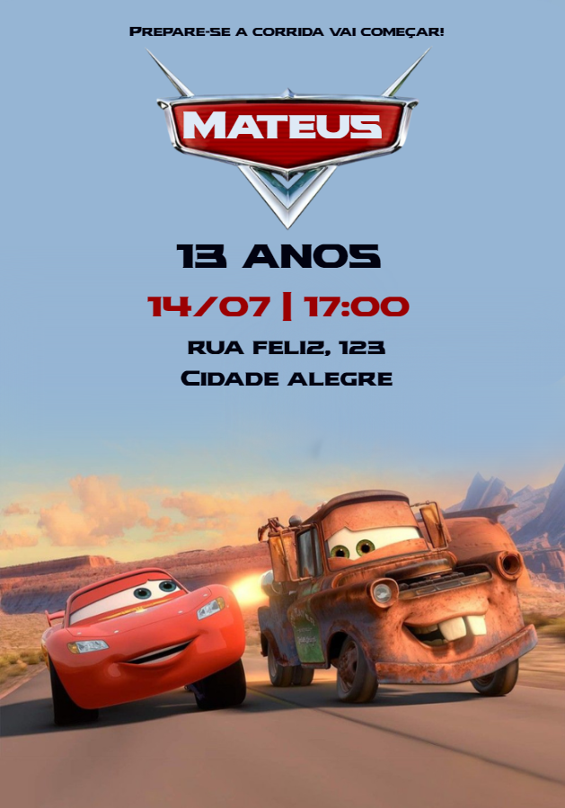 Convite de Aniversário Carros com Personagens para Editar Convite de Aniversário Carros com Personagens para Editar