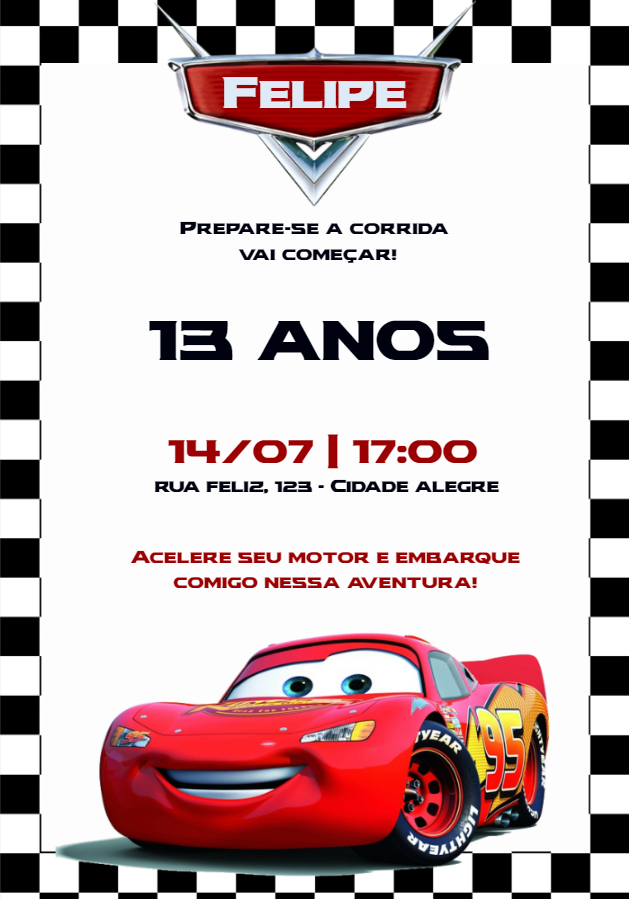 Convite de Aniversário Carros Editável para Imprimir Convite de Aniversário Carros Editável para Imprimir