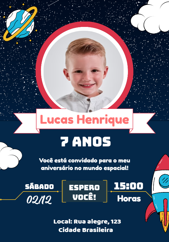 Convite Aniversário Espacial com Foto para Editar Online