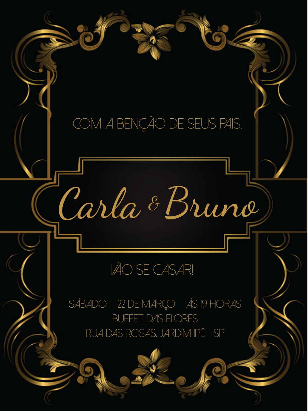 Convite de Casamento Preto e Dourado com Arabescos para Editar Convite de Casamento Preto e Dourado com Arabescos para Editar