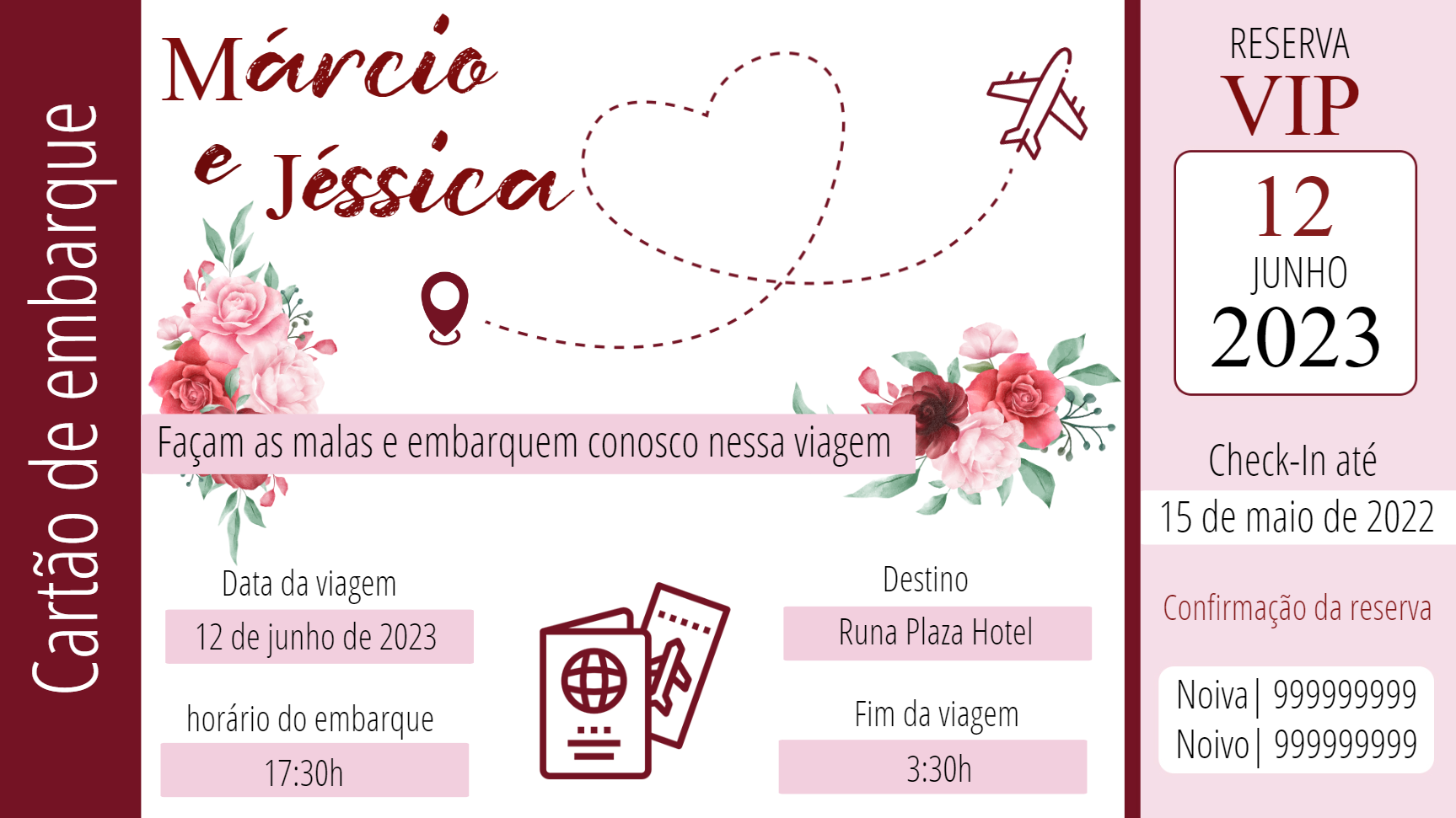 Convite de Casamento Cartão de Embarque Floral para Editar Online Convite de Casamento Cartão de Embarque Floral para Editar Online