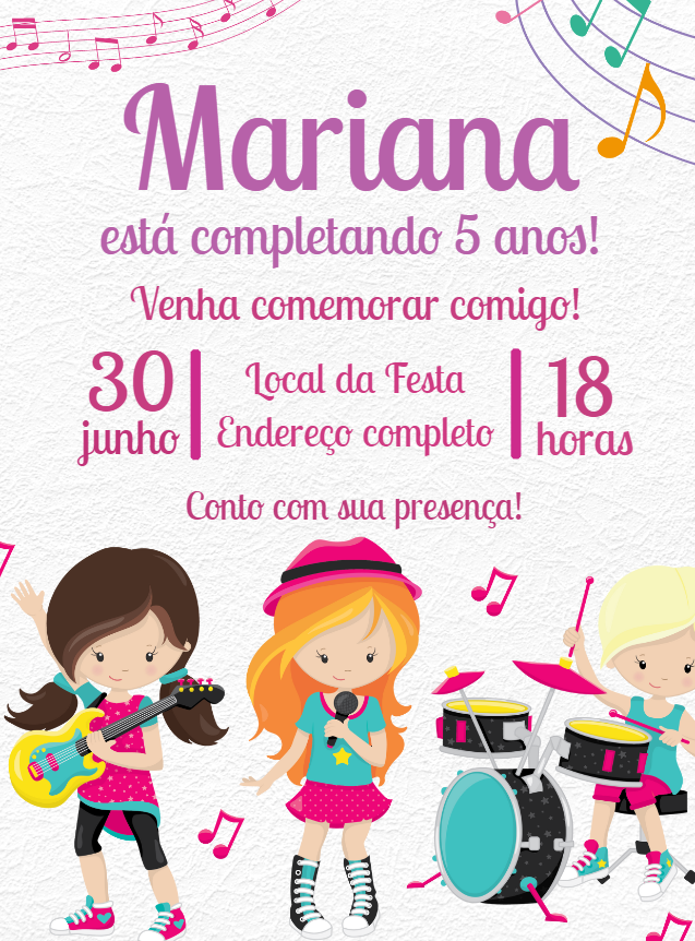Convite Aniversário Banda Rock Meninas Editável Online Convite Aniversário Banda Rock Meninas Editável Online