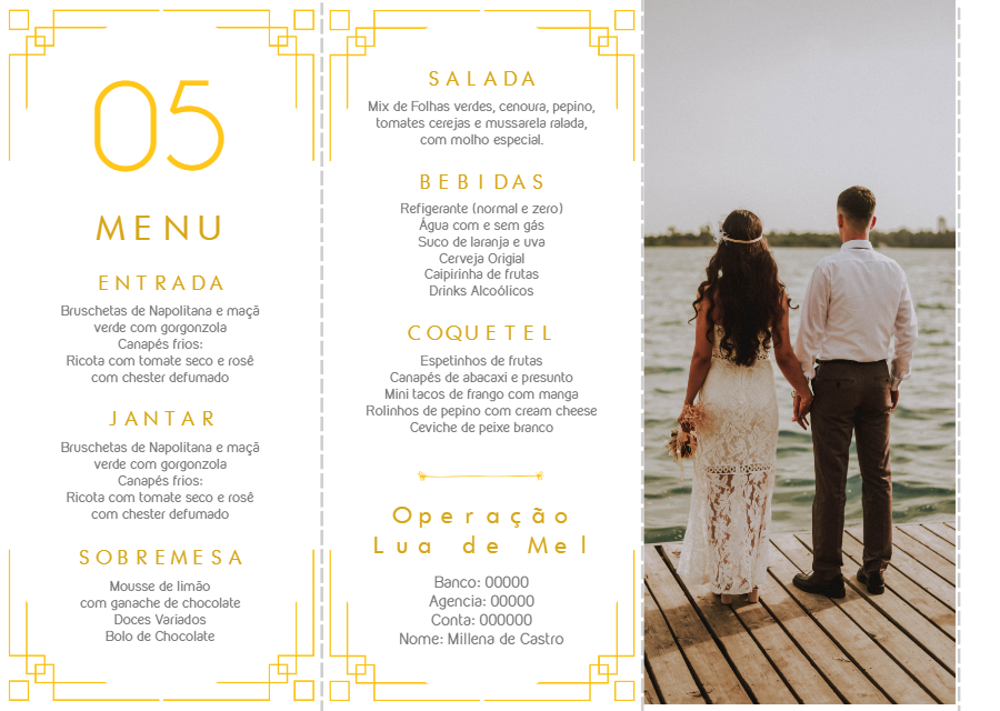 Menu de Casamento Dourado com Foto para Editar Online Menu de Casamento Dourado com Foto para Editar Online