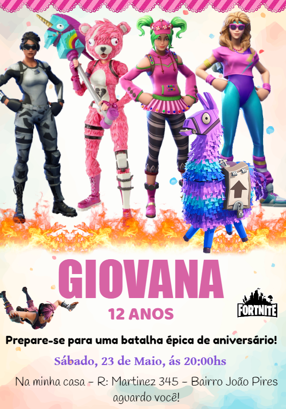 Convite de Aniversário Fortnite Feminino para Editar Online Convite de Aniversário Fortnite Feminino para Editar Online
