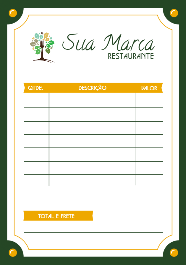 Comanda de Restaurante Profissional para Editar Online Comanda de Restaurante Profissional para Editar Online