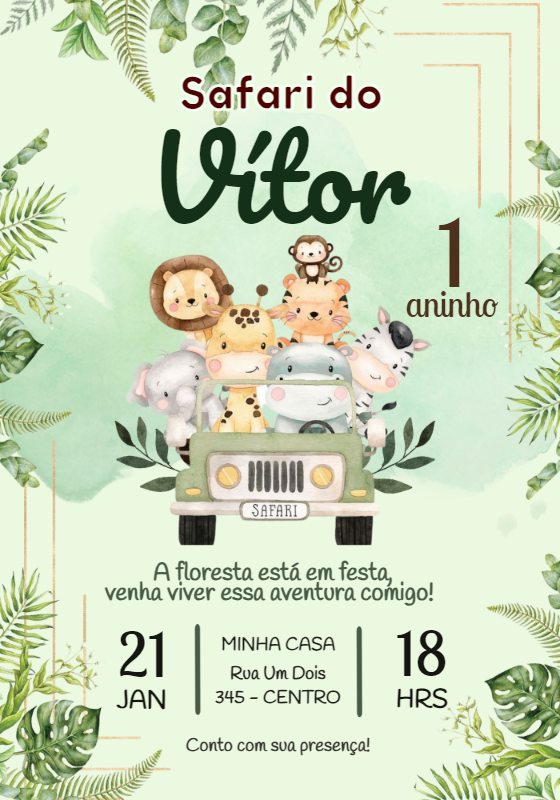 Convite Aniversário Safari com Animais Fofos para Editar Online Convite Aniversário Safari com Animais Fofos para Editar Online