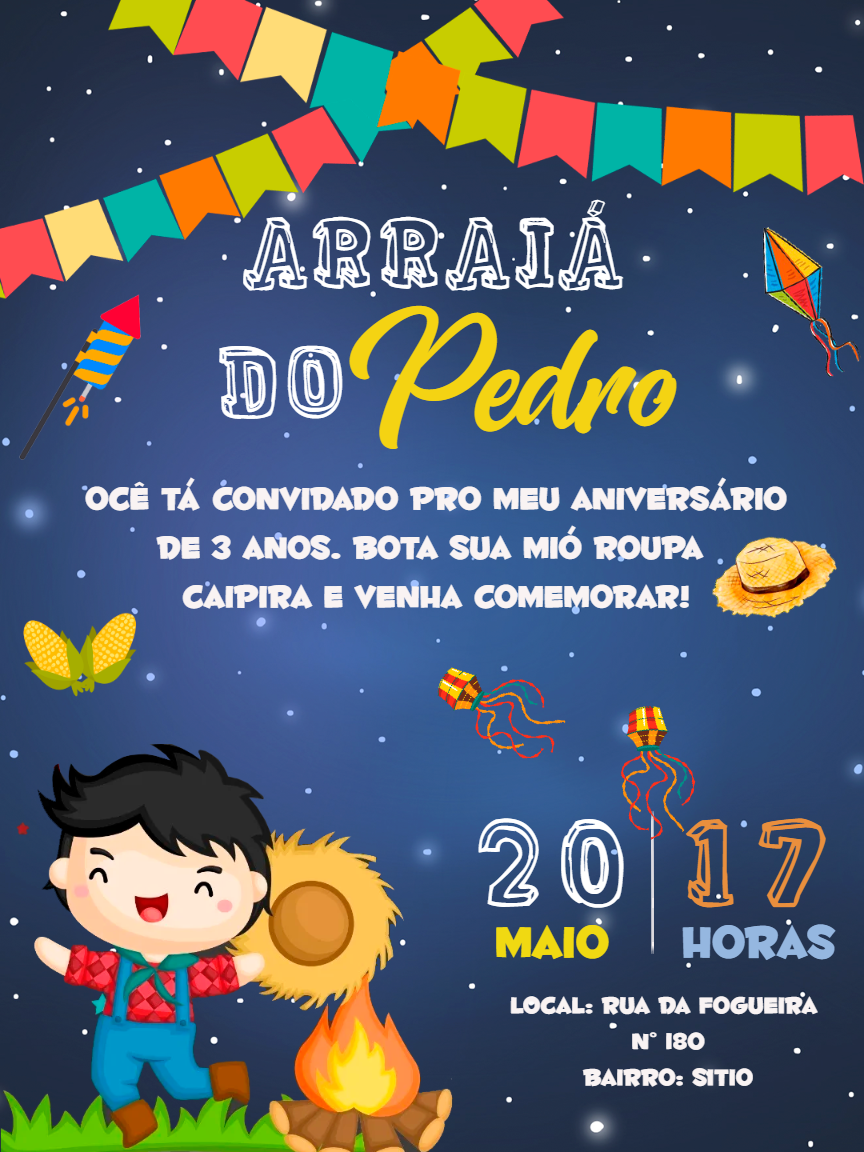 Convite Aniversário Festa Junina Menino Caipira para Editar Convite Aniversário Festa Junina Menino Caipira para Editar