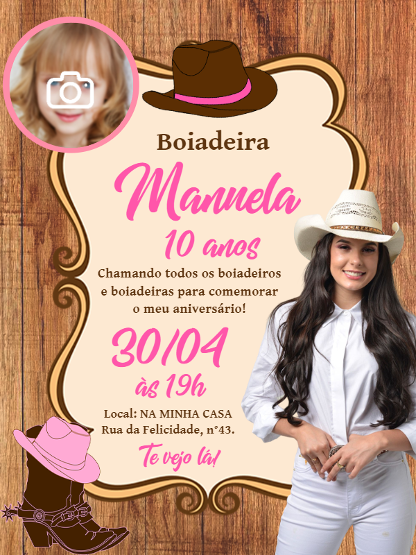 Convite Aniversário Boiadeira com Foto para Editar Online Convite Aniversário Boiadeira com Foto para Editar Online