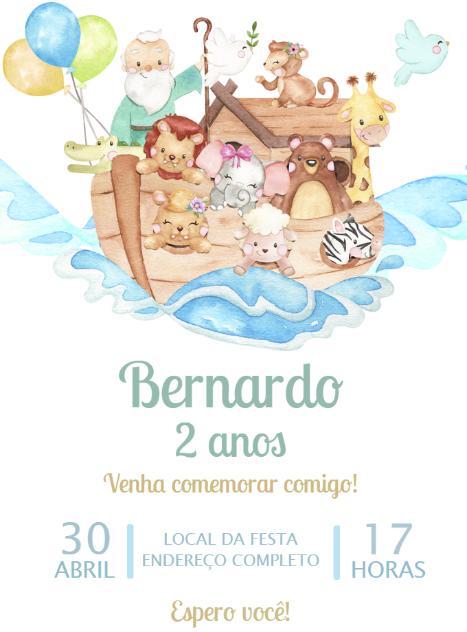 Convite Aniversário Arca de Noé com Animais para Editar Online Convite Aniversário Arca de Noé com Animais para Editar Online