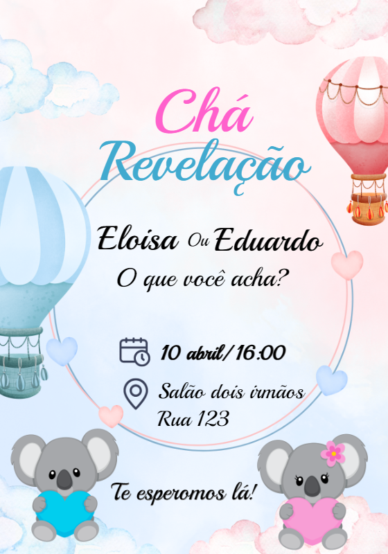 Convite Chá Revelação Coala e Balão para Editar Online Convite Chá Revelação Coala e Balão para Editar Online