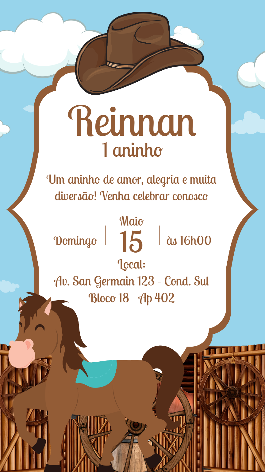 Convite de Aniversário Cowboy com Cavalinho para Editar Convite de Aniversário Cowboy com Cavalinho para Editar