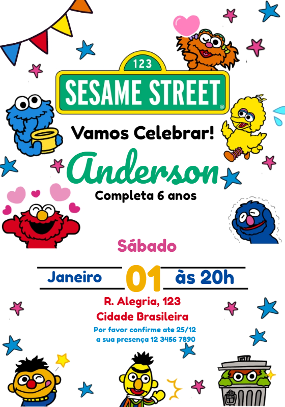Convite Aniversário Vila Sésamo com Personagens para Editar Convite Aniversário Vila Sésamo com Personagens para Editar