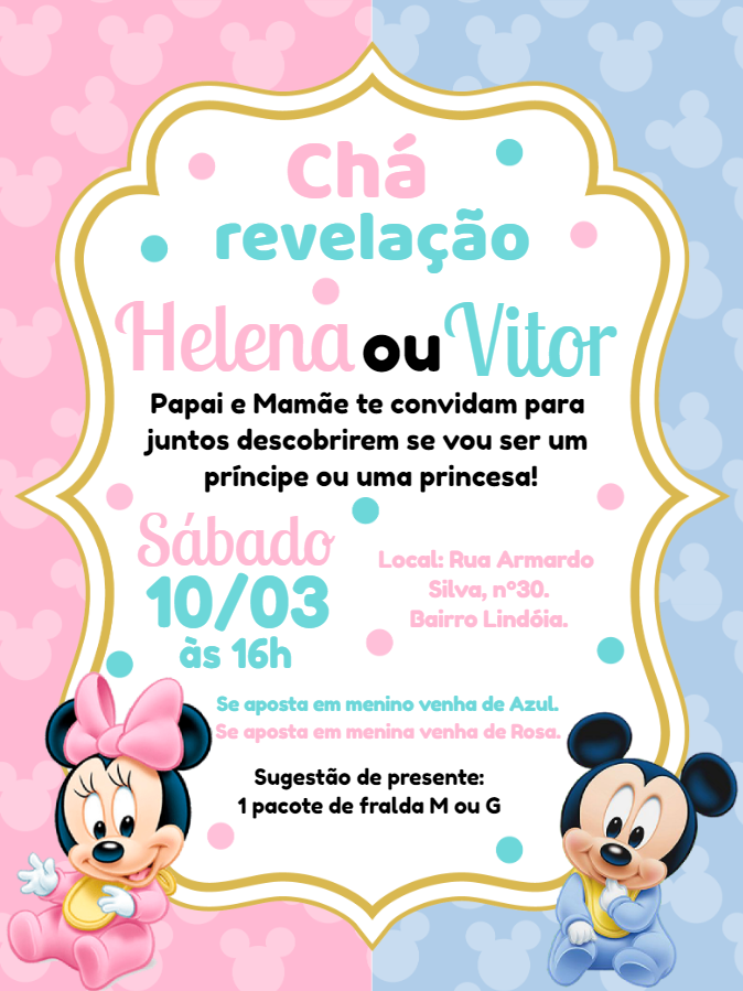 Convite Chá Revelação Minnie e Mickey Baby para Editar Online Convite Chá Revelação Minnie e Mickey Baby para Editar Online