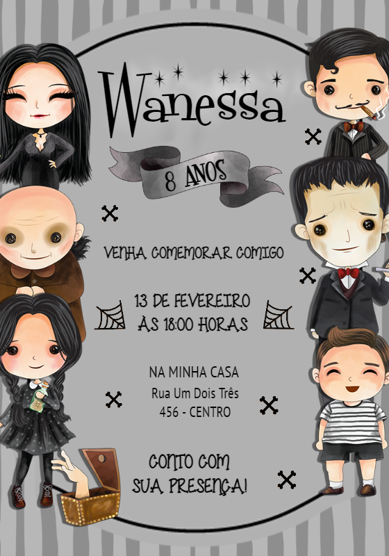 Convite Aniversário Wandinha Addams para Editar Online