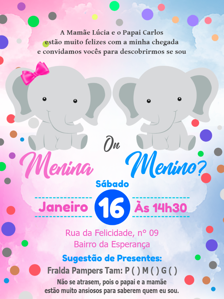 Convite Chá de Revelação Elefantinho para Editar Online Convite Chá de Revelação Elefantinho para Editar Online