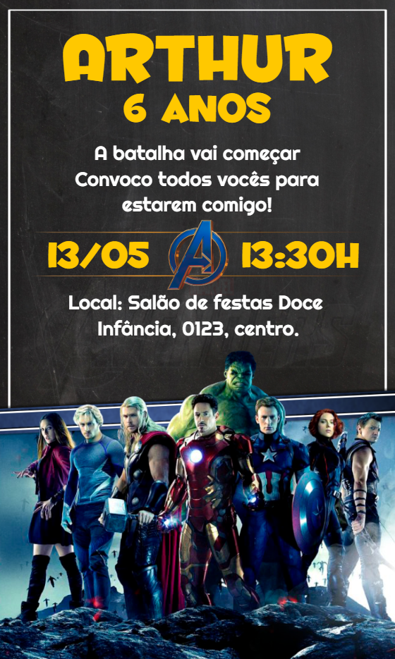 Convite de Aniversário Vingadores para Editar Online Convite de Aniversário Vingadores para Editar Online
