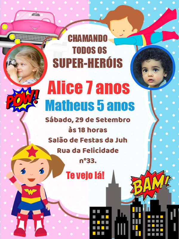 Convite Aniversário Duplo Super-Heróis com Foto para Editar