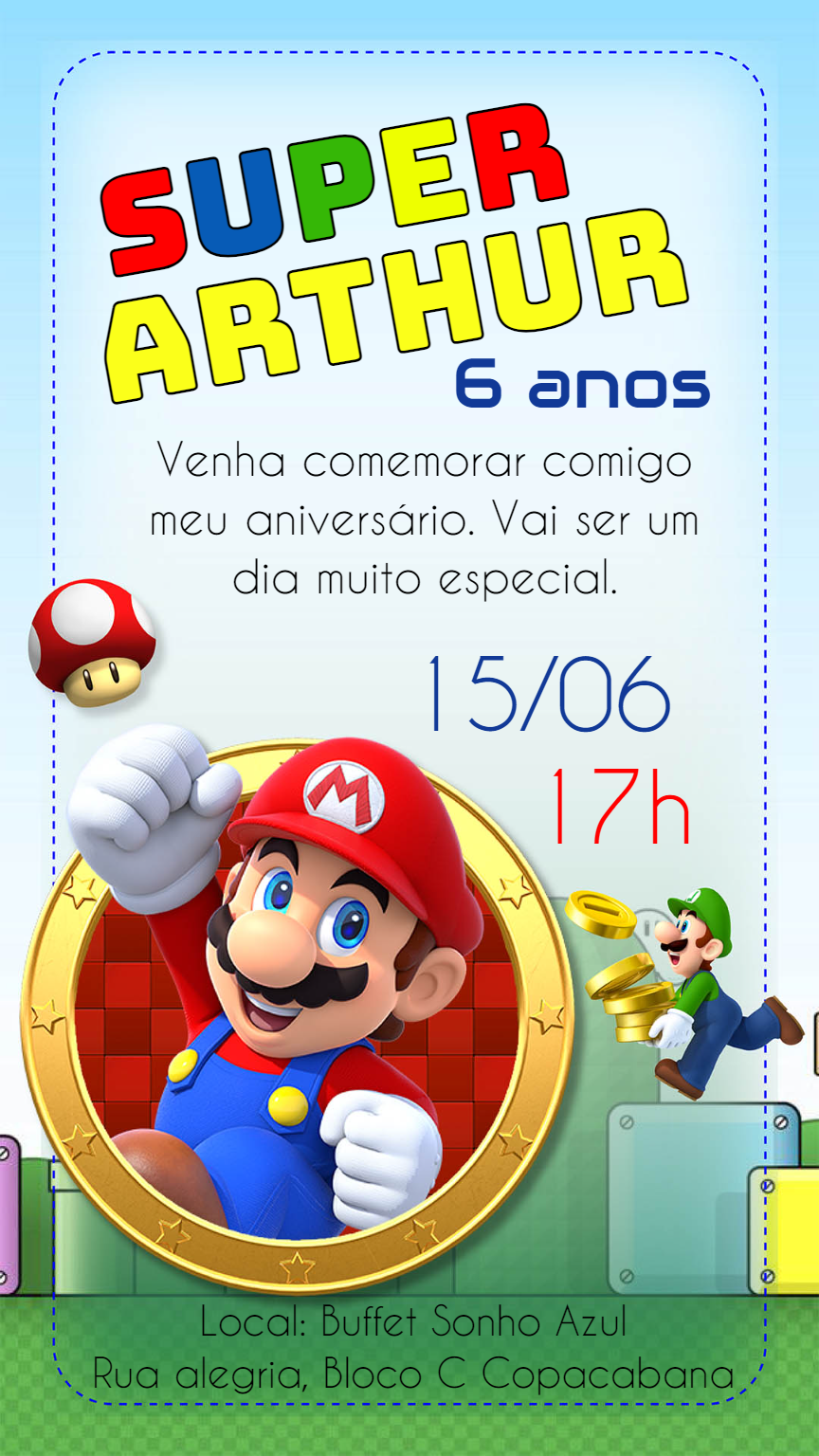 Convite de Aniversário Super Mario para Editar e Imprimir Convite de Aniversário Super Mario para Editar e Imprimir