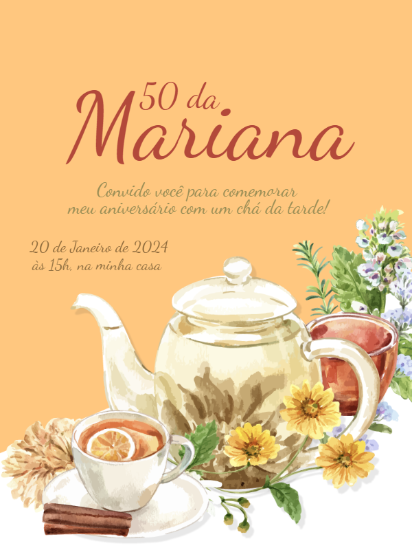 Convite Aniversário Chá da Tarde Aquarela para Editar Online Convite Aniversário Chá da Tarde Aquarela para Editar Online