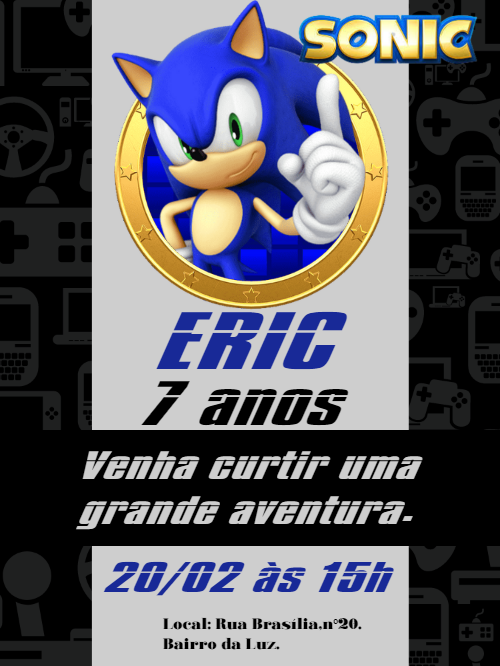 Convite de Aniversário Sonic para Editar Online Convite de Aniversário Sonic para Editar Online