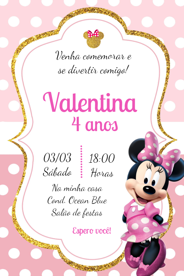 Convite Aniversário Minnie Mouse Rosa para Editar Online Convite Aniversário Minnie Mouse Rosa para Editar Online