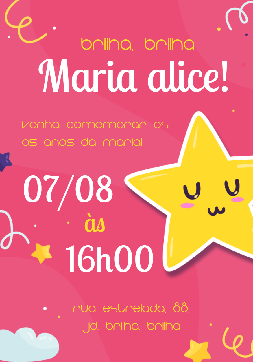 Convite Aniversário Brilha Brilha Estrelinha para Editar Online Convite Aniversário Brilha Brilha Estrelinha para Editar Online