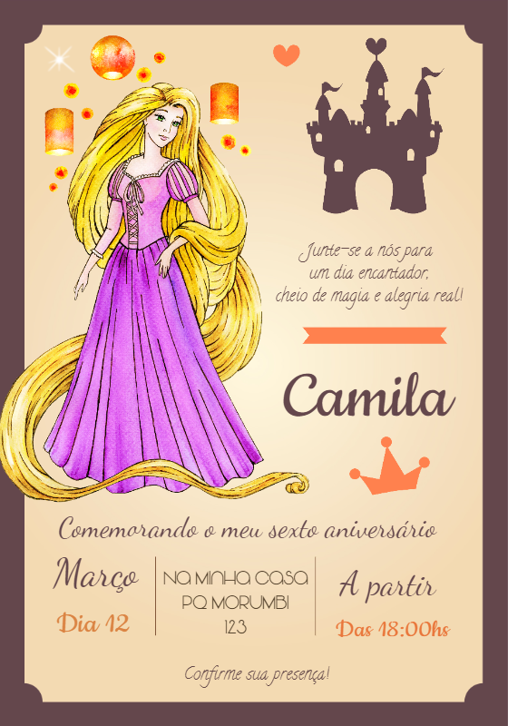 Convite de Aniversário Rapunzel Editável para Imprimir Convite de Aniversário Rapunzel Editável para Imprimir