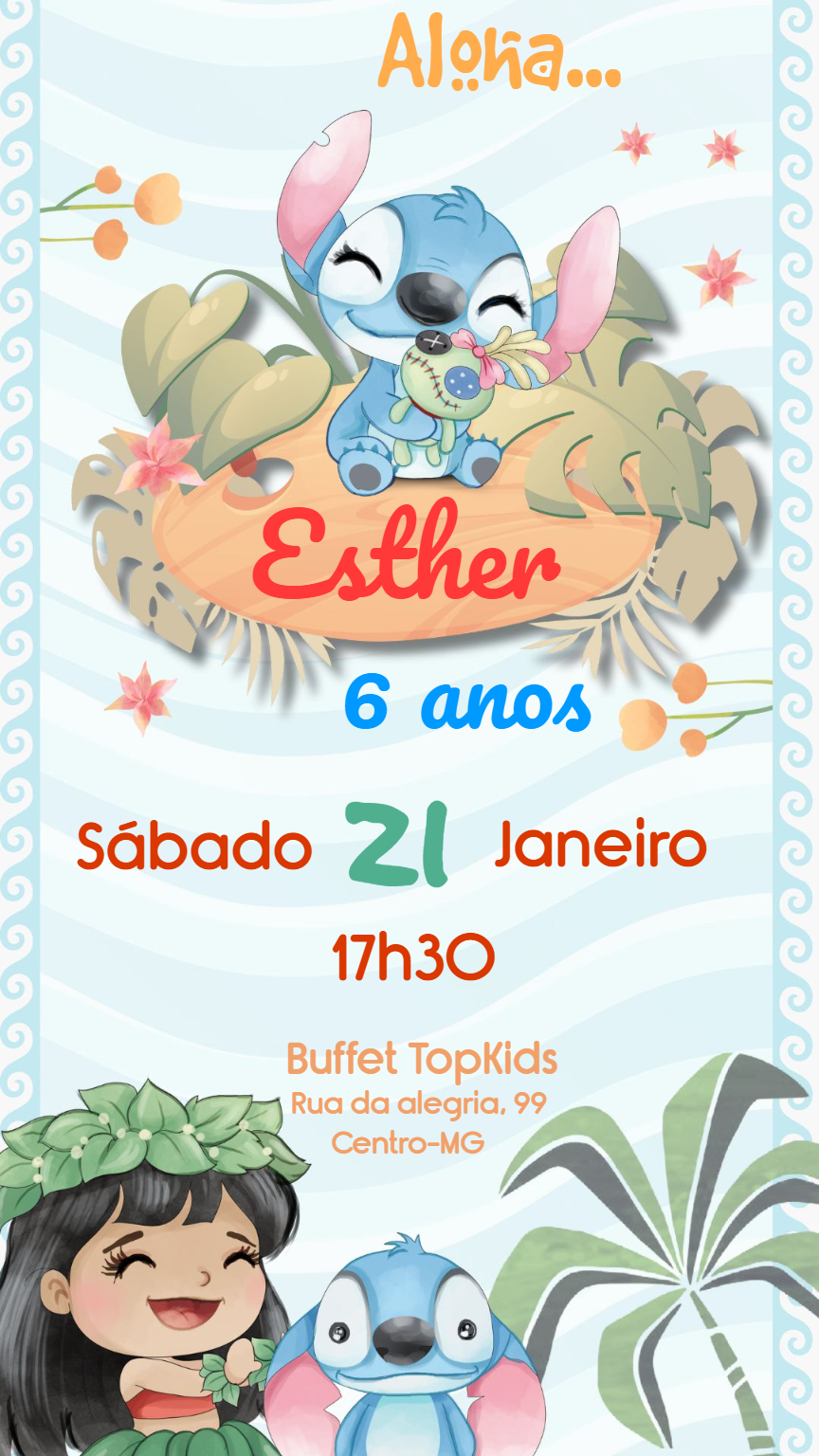 Convite Aniversário Lilo e Stitch Aquarela para Editar Online Convite Aniversário Lilo e Stitch Aquarela para Editar Online