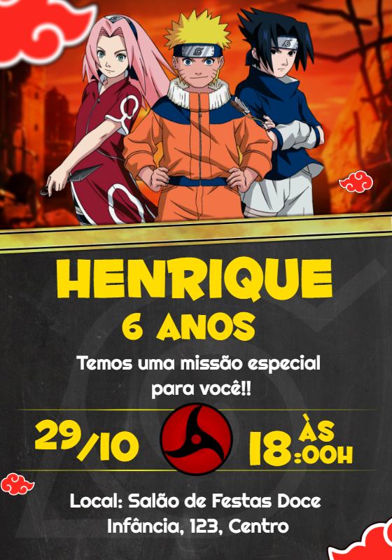 Convite Aniversário Naruto Shippuden para Editar Online