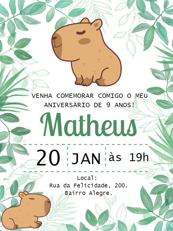 Convite de Aniversário Capivara Fofa para Editar Online Convite de Aniversário Capivara Fofa para Editar Online