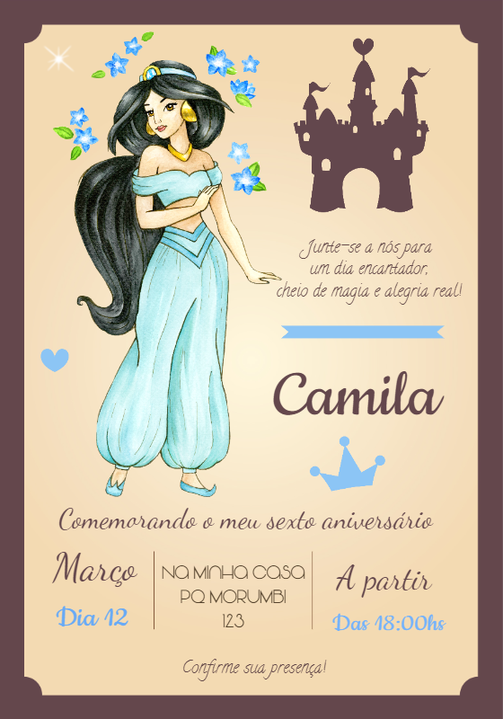Convite de Aniversário Princesa Jasmine para Editar Online Convite de Aniversário Princesa Jasmine para Editar Online